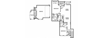 A floor plan of a house with a garage, two bedrooms, a living room, a dining room, a kitchen, a bathroom, a porch, and a balcony.