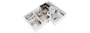 A white 3D floor plan of a house with a kitchen, living room, and dining area.