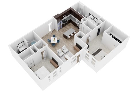 A white 3D floor plan of a house with a kitchen, living room, and dining area.