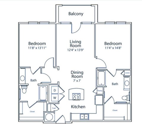 A floor plan of a house with a balcony, three bedrooms, a living room, a dining room, a kitchen, and two bathrooms.