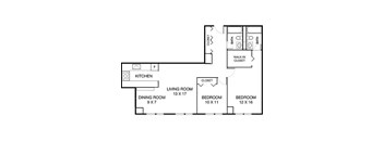 A floor plan of a home with a living room, dining room, kitchen, and three bedrooms.