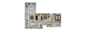 A top-down view of a house layout with a dining area, living room, kitchen, and bathroom.