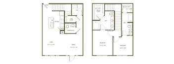 A floor plan of a two-bedroom apartment with a living room, dining room, kitchen, bathroom, and two bedrooms.