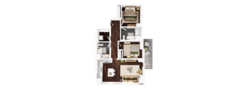 A top-down view of a house layout with a living room, kitchen, and bedrooms.