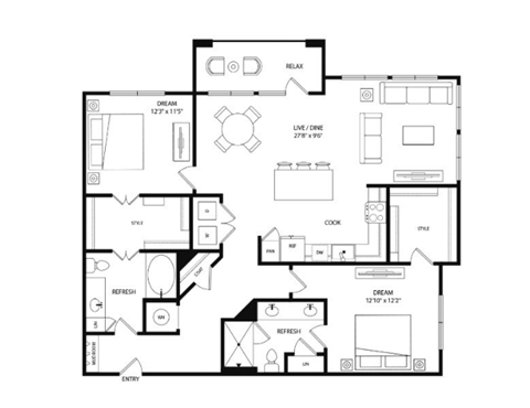 A black and white floor plan of a two-bedroom apartment.