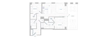 A floor plan of a house with a bedroom, bathroom, kitchen, living room, and terrace.