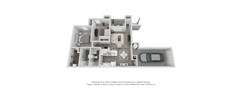 A 3D floor plan of a house with a kitchen, living room, and two bedrooms.