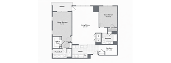A floor plan of a house with a master bedroom, a guest bedroom, a living/dining area, a kitchen, a bathroom, a master bath, a walk-in closet, and a balcony.