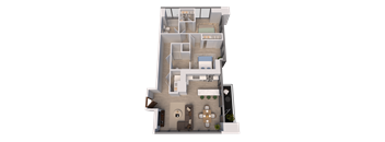 A 3D floor plan of a house showing a kitchen, living room, dining room, and two bedrooms.