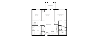 A black and white floor plan of a house with a master bedroom, living room, dining room, kitchen, and bath.