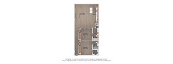 A floor plan of a small apartment with a living room, dining room, kitchen, and two bathrooms.