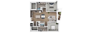 A top-down view of a small apartment layout with a kitchen, living room, and bathroom.