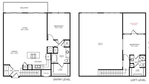 A black and white floor plan of a two-story home with a balcony, two bedrooms, a living room, a kitchen, a bathroom, and an entry level.