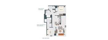 A floor plan of an apartment with a living room, two bedrooms, a kitchen, and a bathroom.