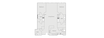 A floor plan of a house with two bedrooms, a living room, a kitchen, and two bathrooms.