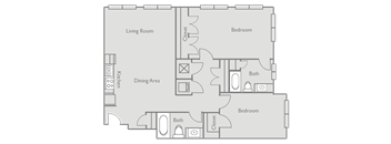 A floor plan of a house with a living room, dining area, kitchen, and two bedrooms.