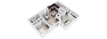 A white 3D floor plan of a house with a kitchen, living room, dining room, and bedrooms.