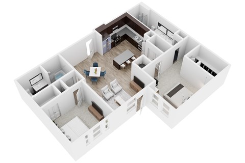 A white 3D floor plan of a house with a kitchen, living room, dining room, and bedrooms.