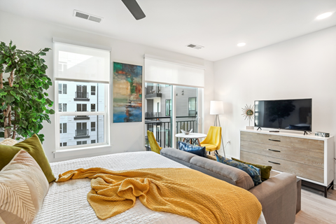 A bedroom with a bed, a television, and a potted plant.