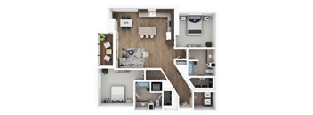 A floor plan of a house with a kitchen, living room, and bathrooms.