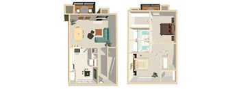 Two floor plans of a house with a kitchen, living room, bedrooms and bathrooms.