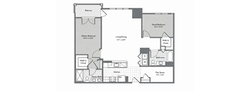 A floor plan of a hotel room with a master bedroom, a guest bedroom, a living/dining area, a kitchen, and a flex space.