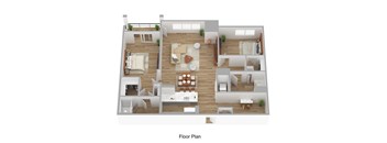 A floor plan of a house with a living room, dining room, kitchen, and bedrooms.