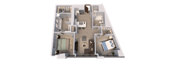 A 3D floor plan of a house with multiple rooms and furniture.