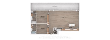 A floor plan of a house with two bedrooms, a living/dining area, a kitchen, and a bathroom.