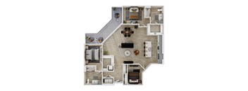 A top-down view of a house layout with a living room, kitchen, and bedrooms.