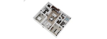 A top down view of a house layout with a kitchen, living room, and bedrooms.