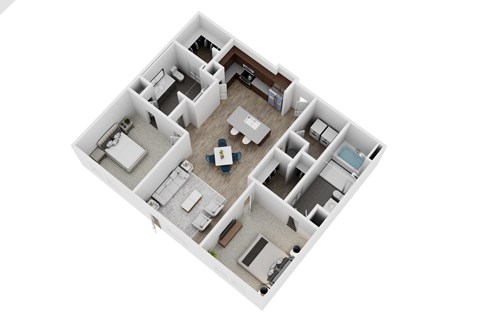A top down view of a house layout with a kitchen, living room, and bedrooms.