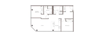 A floor plan of a house with a living room, kitchen, two bedrooms, and an ensuite bathroom.