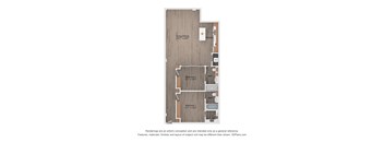 A floor plan of a small apartment with a kitchen, two bathrooms, and two bedrooms.