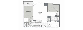 A floor plan of a house with a balcony, two bedrooms, a bathroom, a kitchen, and a flex space.