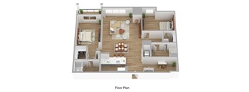 A floor plan of a house with a living room, dining room, kitchen, and bedrooms.