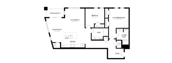 A black and white floor plan of an apartment with a living room, dining room, kitchen, and three bedrooms.