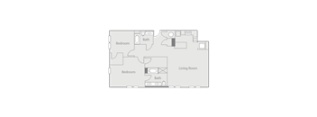 A floor plan of a living space with two bedrooms and two bathrooms.