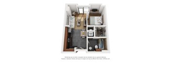 a stylized 3d floor plan of a studio apartment