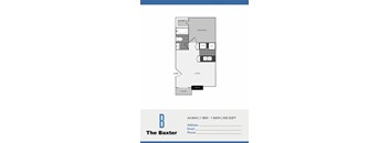 A floor plan for an apartment with one bed and one bath.
