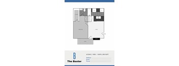 A floor plan of an apartment with a bedroom, living room, and patio.