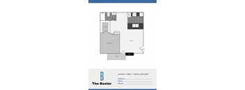 A floor plan of a one bedroom apartment with a bathroom and living room.