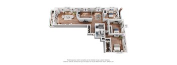 A 3D floor plan of a house with a kitchen, living room, and bedrooms.