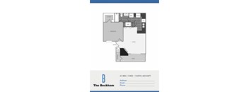 A floor plan of an apartment with a bedroom, living room, and kitchen.