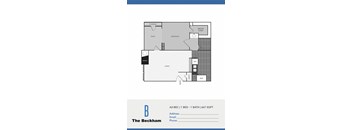 A floor plan of a one bedroom apartment with a bathroom and living room.