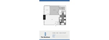 A floor plan for an apartment at The Beckham shows a living area, a bedroom, a bathroom, and a sunroom.
