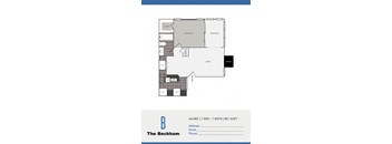 A floor plan of an apartment with a bedroom, living room, and bathroom.