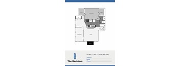 A floor plan of an apartment with a living room, bedroom, and bathroom.