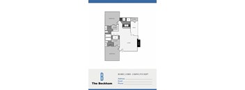A floor plan for an apartment at The Beckham shows a living area, two bedrooms, and two bathrooms.