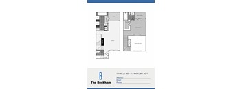 A floor plan for an apartment at The Beckham shows a living area, a bedroom, a bathroom, and a balcony.